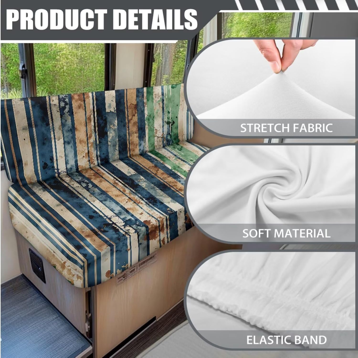 Stripes RV Dinette Cushion Covers Booth Set Elastic Camper Cushion Covers Replacement Sofa Slipcovers Washable (2 Backrest Cover & 2 Bench Cover)
