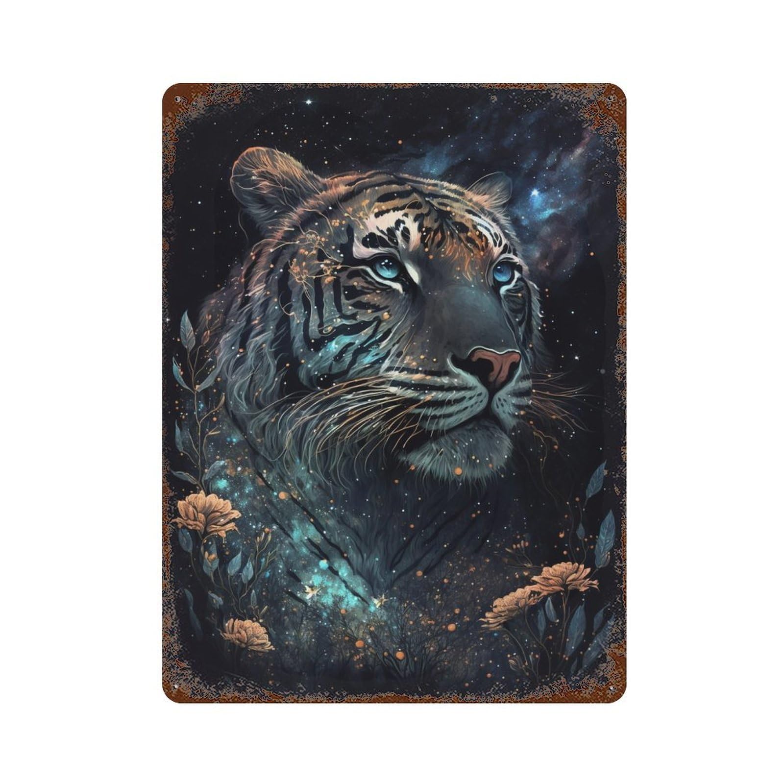 Galactic Tiger Portrait 15.7"x11.8" Weathered Tin Sign, Rustic Home Decor for Living Room, Hallway And Home Decor