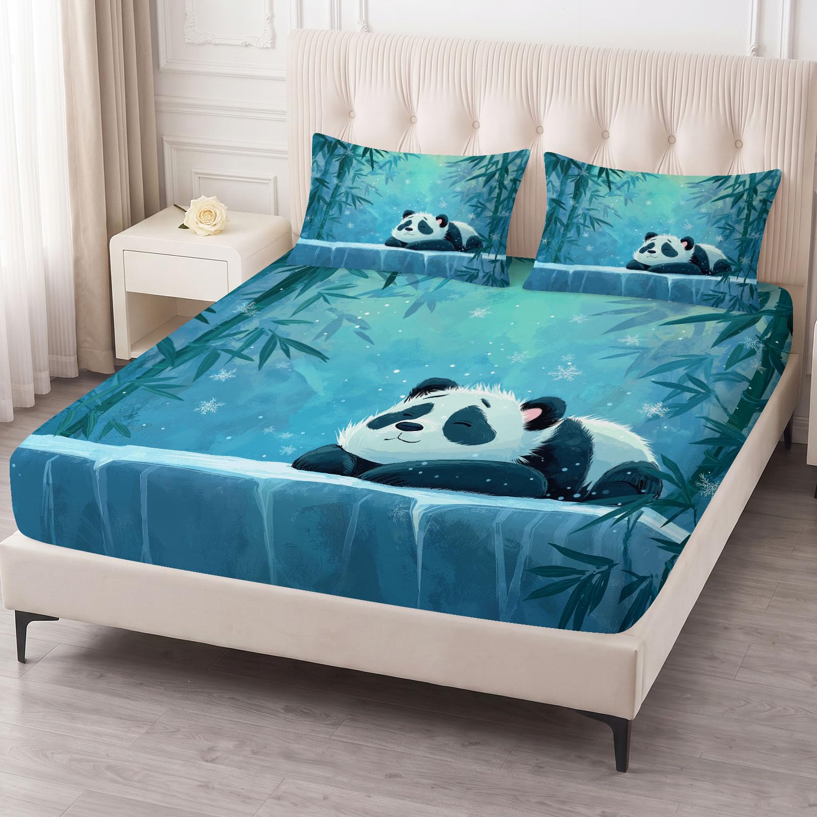 Cartoon Panda Sábana bajera ajustable para niños, microfibra suave hasta 30 cm de altura de colchón, protector de colchón elástico para cama con somier y cama de agua (180 x 200 x 30 cm, animales de