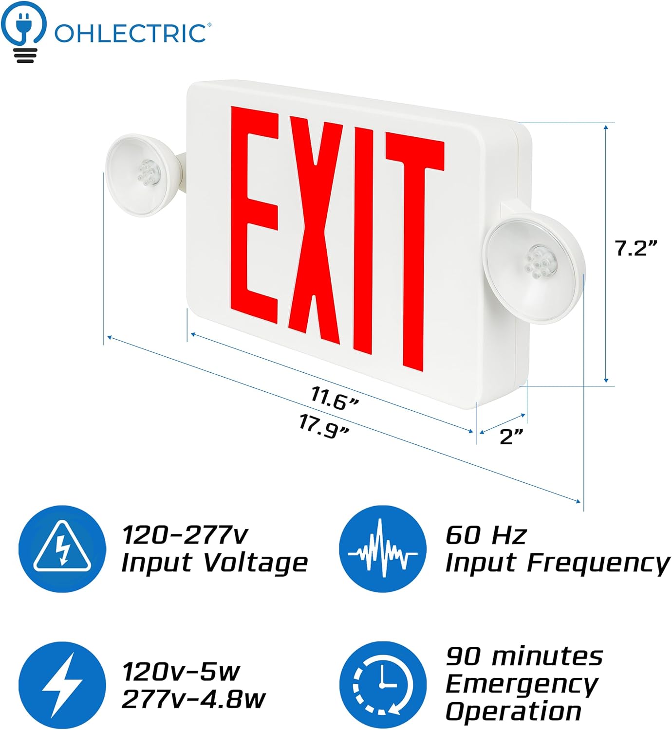 OHLECTRIC Red Exit Sign With Emergency Lights (2-Pack) LED Exit Light Combo, UL Listed, Dual Voltage 120/277V, 90-Minute Backup, Adjustable Heads, Snap-In Chevrons, Damp Location Rated, White Housing