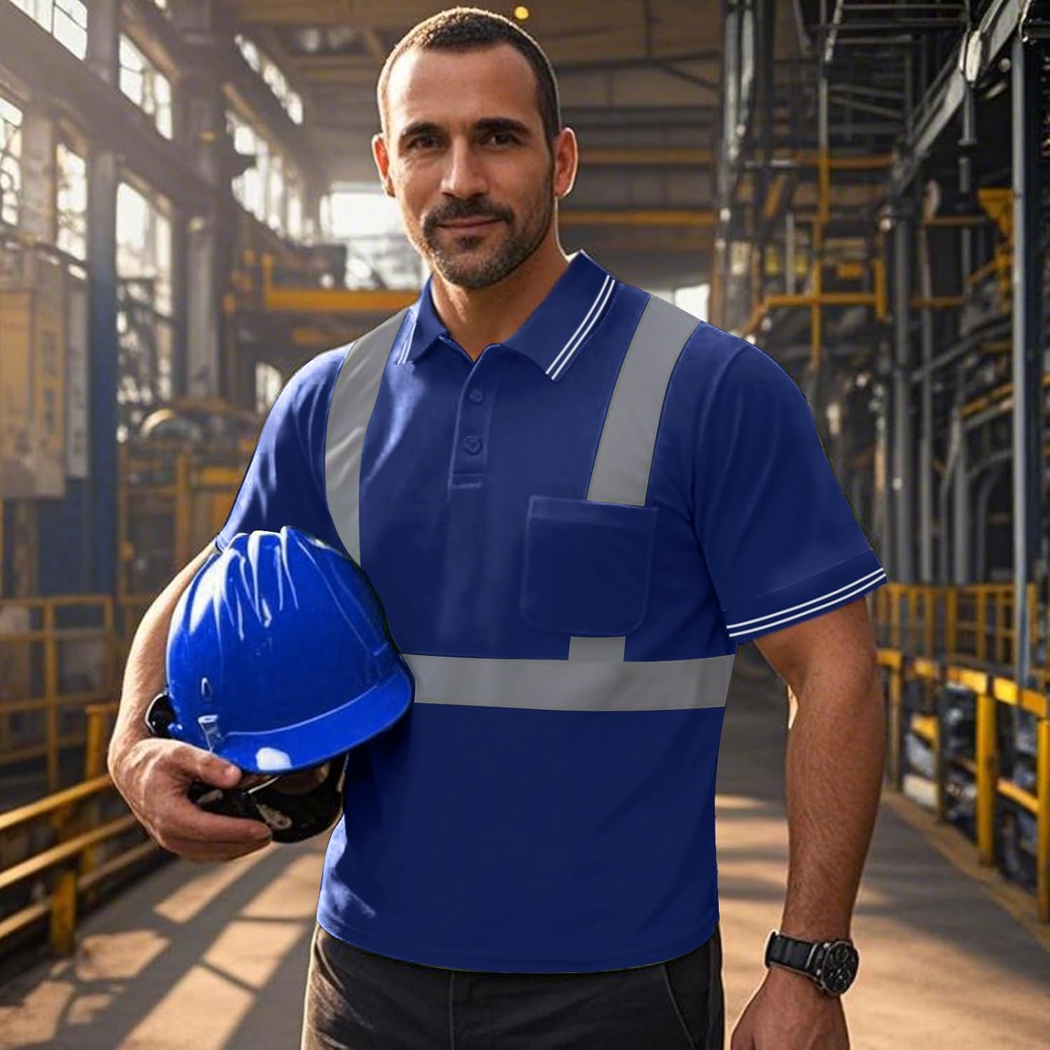 Reflective Polo Shirts for Men Women Class 3 High Visibility Shirts with Short Sleeves, Hi Vis Safety Shirts for Men Women, Breathable Construction Shirts, UPL-Blue M - Image 2