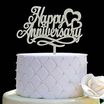 Happy Anniversary Cake Topper, Wedding Anniversary, Company Anniversary, Birthday Party Decorations,Silver Glitter Acrylic