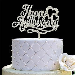 Happy Anniversary Cake Topper, Wedding Anniversary, Company Anniversary, Birthday Party Decorations,Silver Glitter Acrylic