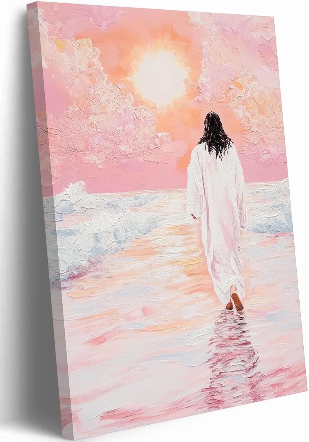 Pink Jesus Walking On Water Canvas Wall Art Jesus Sunset Walk Wall Decor Paintings Religious Christian Posters Prints for Living Prayer Room Church Home Decoration 16x24in Ready to Hang