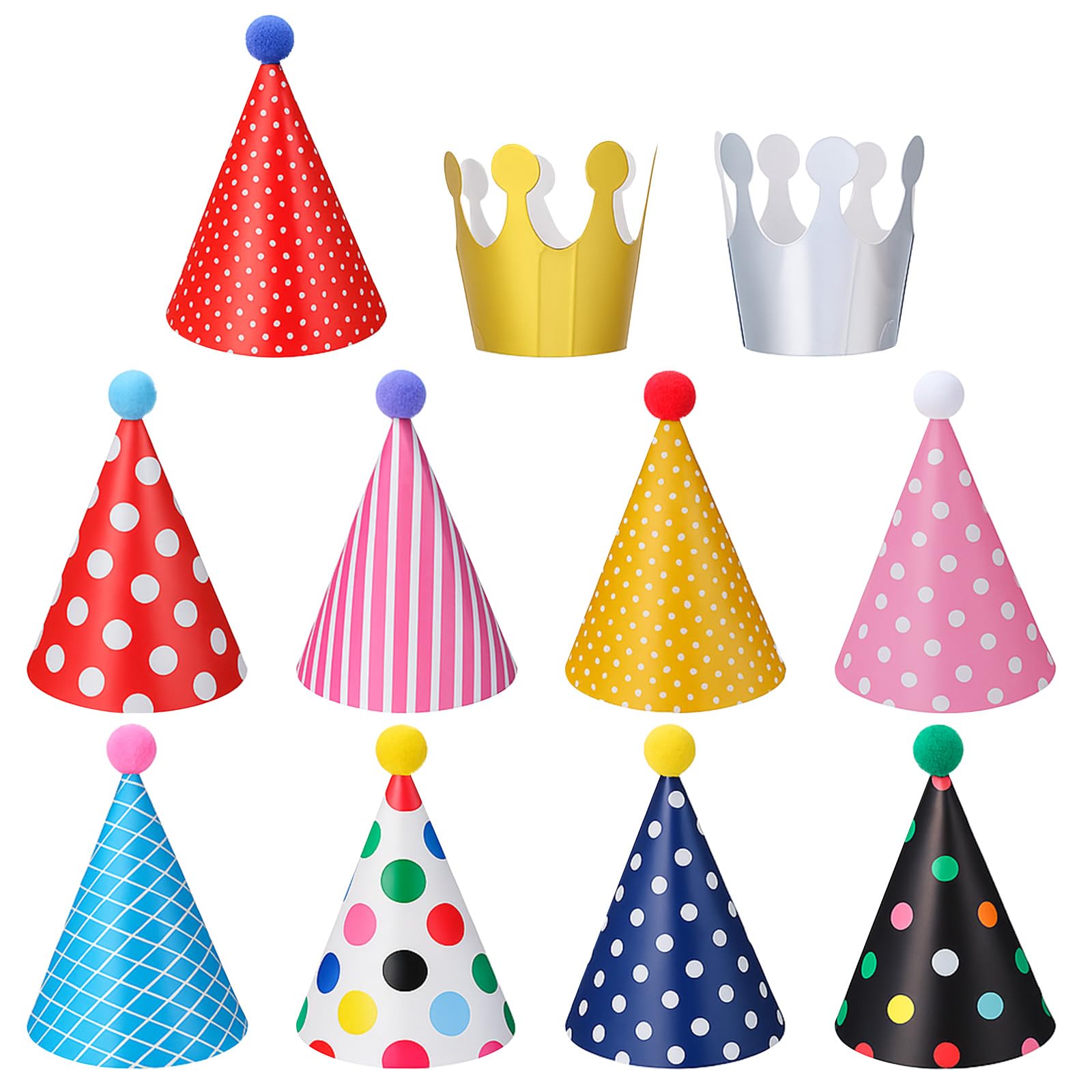 ADLABLD 11Pcs Macaron Birthday Party Hats with Pom Poms, Birthday Cone Hats Party Hat Crown Caps for Adults, Pastel Themed Paper Hat Toddler Parties Celebration for Colorful Girls Boys Photo Props