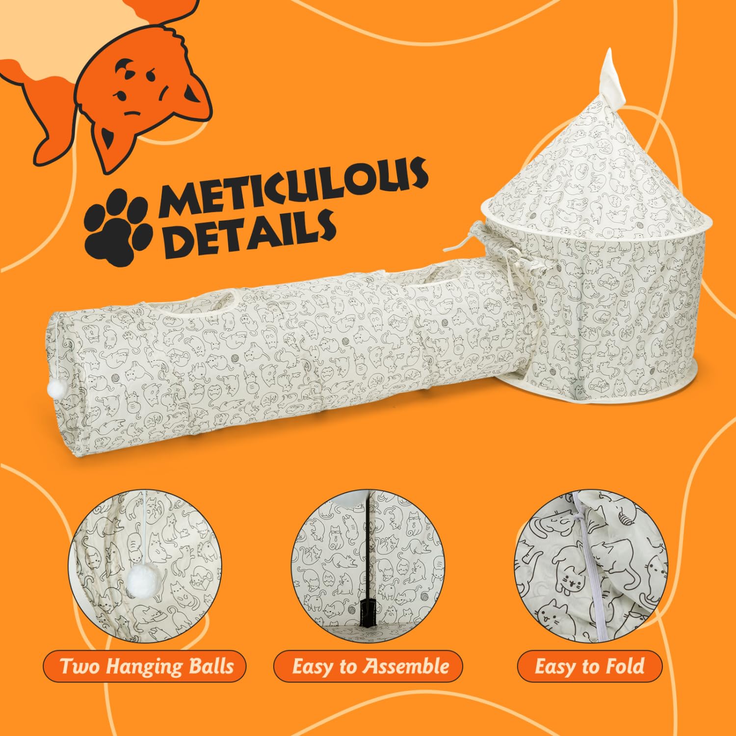 Nobleza - Tunnel per Gatti 2 in 1, Gioco Interattivo con Castello e 2 Sfere Sospese, Tunnel con 2 Fori per Interni ed Esterni, Ideale per Conigli, Cani e Animali Domestici, 24×94 cm & 45×64 cm