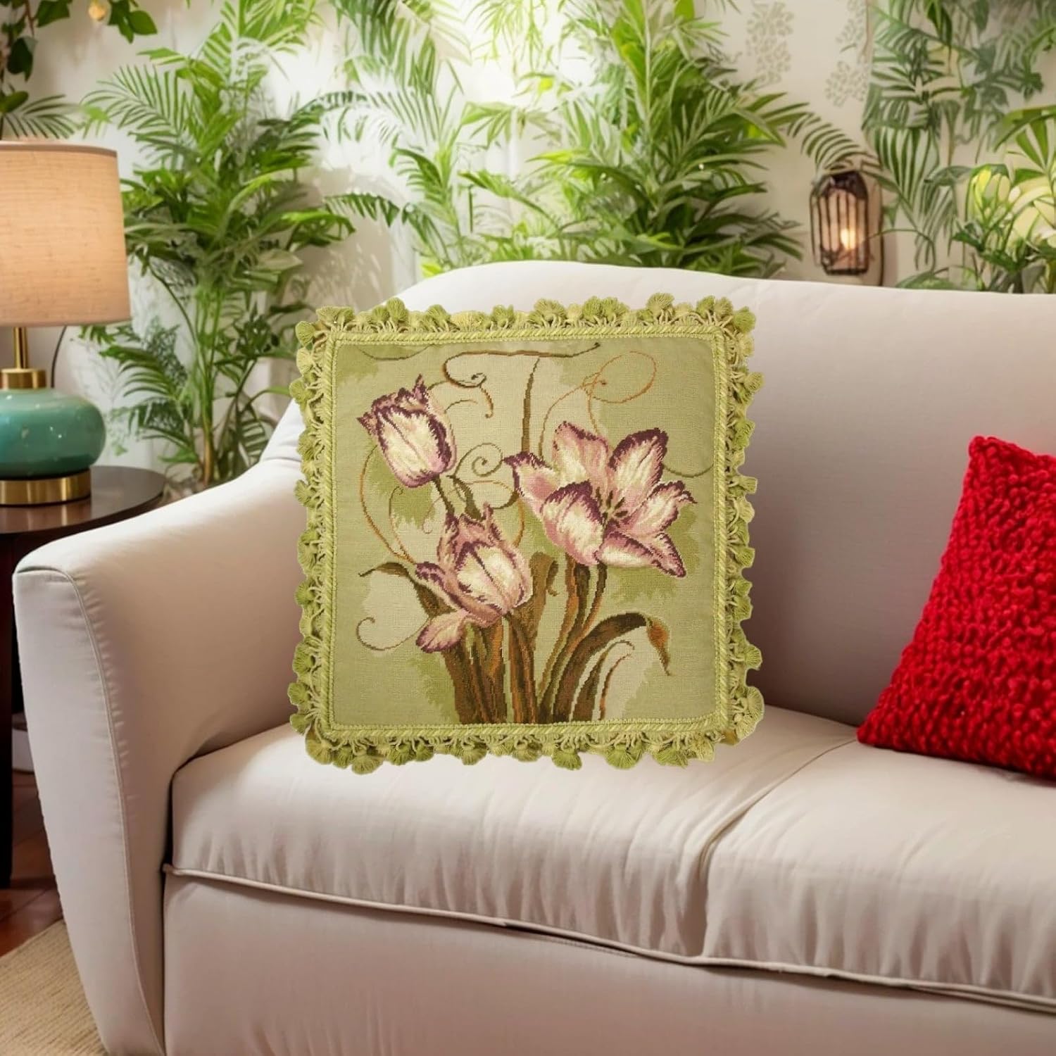 Handmade Wool Needlepoint Throw Pillow Cover 18x18 - Vintage French Country Decorative Cushion Cover for Couch, Bed, and Spring Home Deco