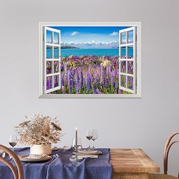 wall26 Removable Wall Sticker/Wall Mural - Lanvender Field by The Lake in The Mountains | Creative Window View Wall Decor - 36 Inchx48 Inch