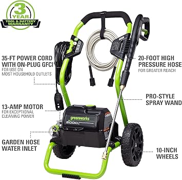 Greenworks 2000 PSI (1.1 GPM Max) Electric Power Washer (25, 40, Soap Nozzle) For Use On Decks, Fences, Concrete Patios, Sidewalks & More. Medium-Duty