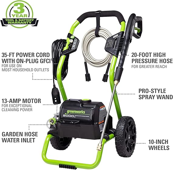 Greenworks 2000 PSI (1.1 GPM Max) Electric Power Washer (25, 40, Soap Nozzle) For Use On Decks, Fences, Concrete Patios, Sidewalks & More. Medium-Duty
