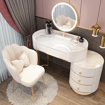 Vanity Desk with Lighted Mirror and Stool - 3 Color Light Options Adjustable Brightness, Dressing Table with Large Drawers and Side CabinetWhite,80cm/31.5in