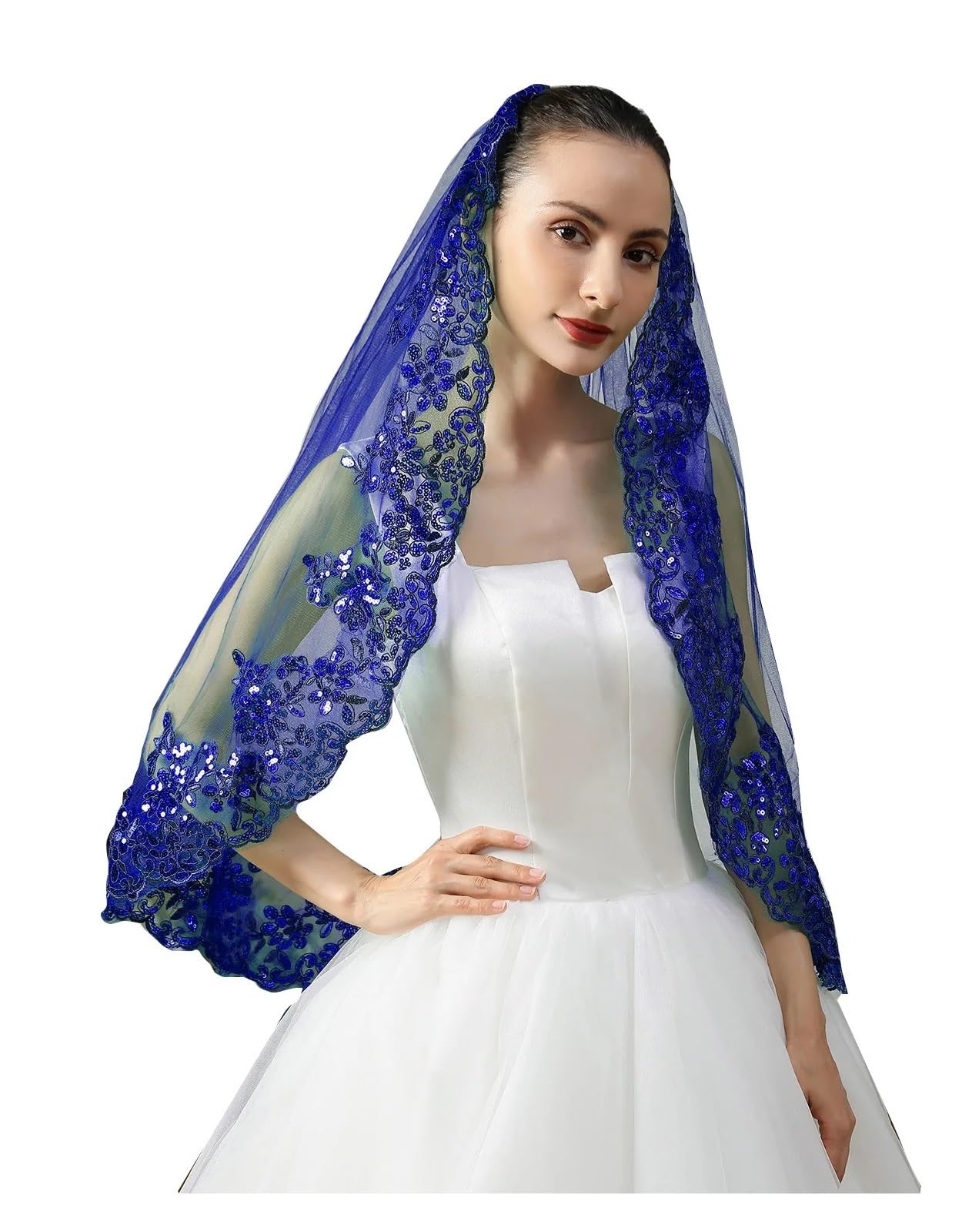NJIEzhao Wedding Veil Tier Short Lace Sequin Green Wedding Bridal Veil With Comb Bride to Be Veil(Blue)