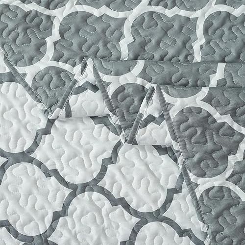 Miniatura 3 de Juego de edredón de 3 unidades de tamaño grande Meridian cubrecama de microfibra estampada de lujo por Sheetsnthings, Microfibra, GrisBlanco, Full