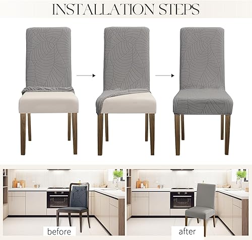 Miniatura 57 de MOSAYT Juego de 6 fundas para sillas de comedor 100% impermeables, súper ajuste elástico jacquard Parson, fundas extraíbles y lavables para sillas