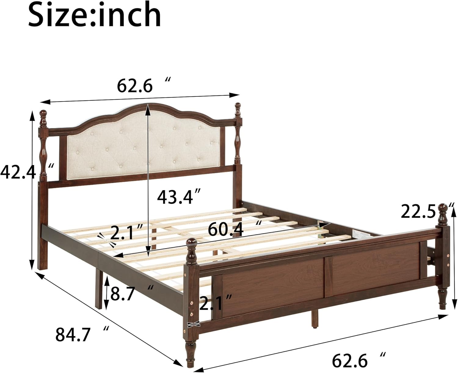 Queen Size Bed Frame with Upholstered Headboard, Solid Pine Wood Platform Bed, Panel Footboard, Heavy Duty Support, No Box Spring Needed, Vintage Style, Walnut