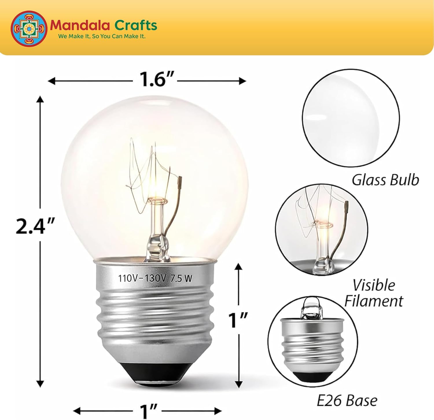 Mandala Crafts Clear Specialty Low Wattage Light Bulbs for Signs and Indicators, G40, 40 Lumens, 7.5 W, E26 Base, 6 Pack
