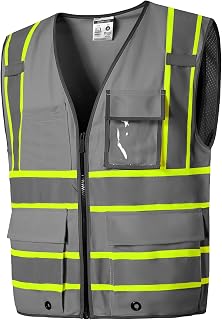 SKSAFETY 10 Pockets Safety Vest, Class 2 High Visibility Security with Zipper, Hi Vis Vest with Reflective Strips, ANSI/ISEA Standard, Construction Work Vest for Men & Women (Grey,3XL)