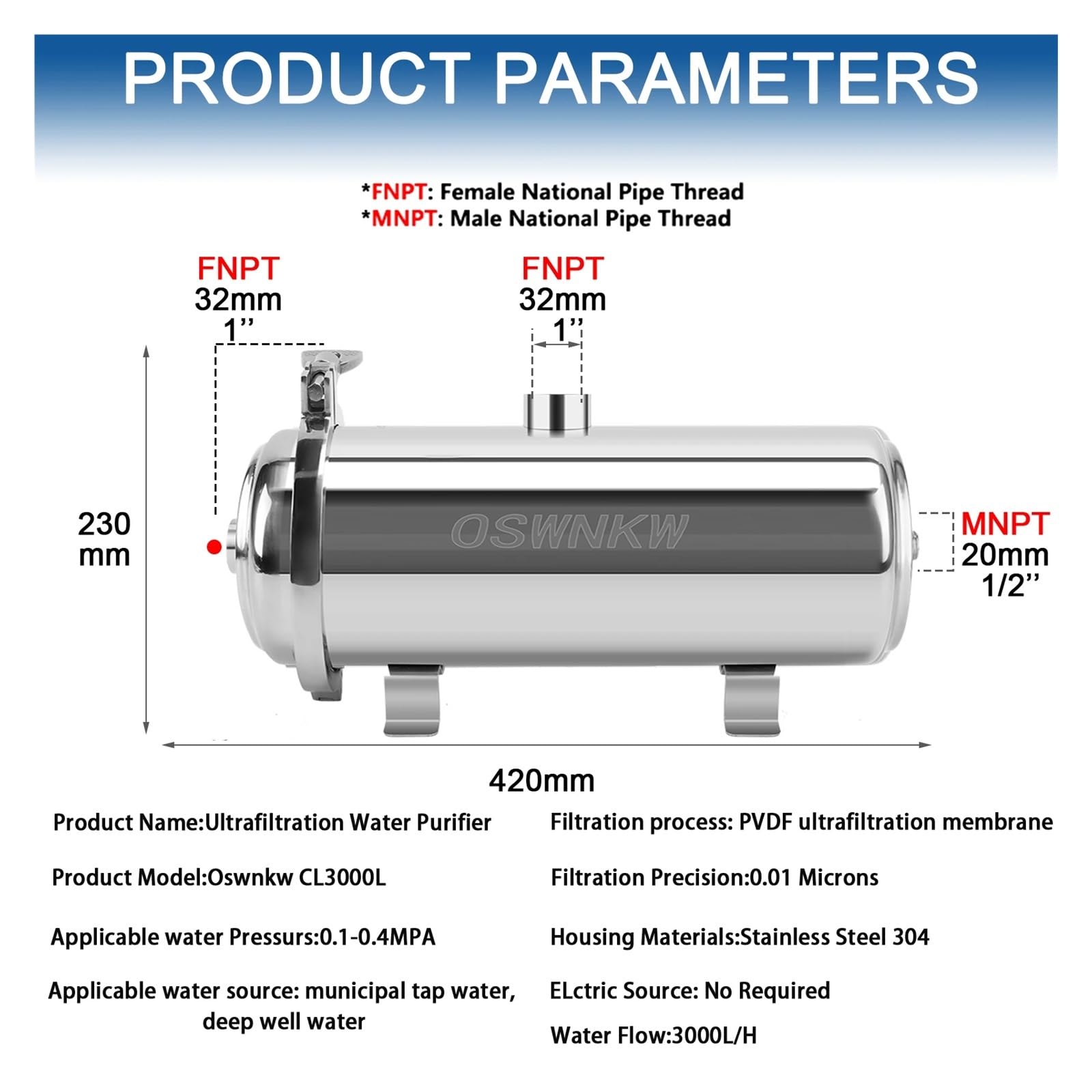 Purificador de agua PVDF Filtro Ultration for toda la casa Filtros 0,01 um 3000L/H SUS304 Agua potable