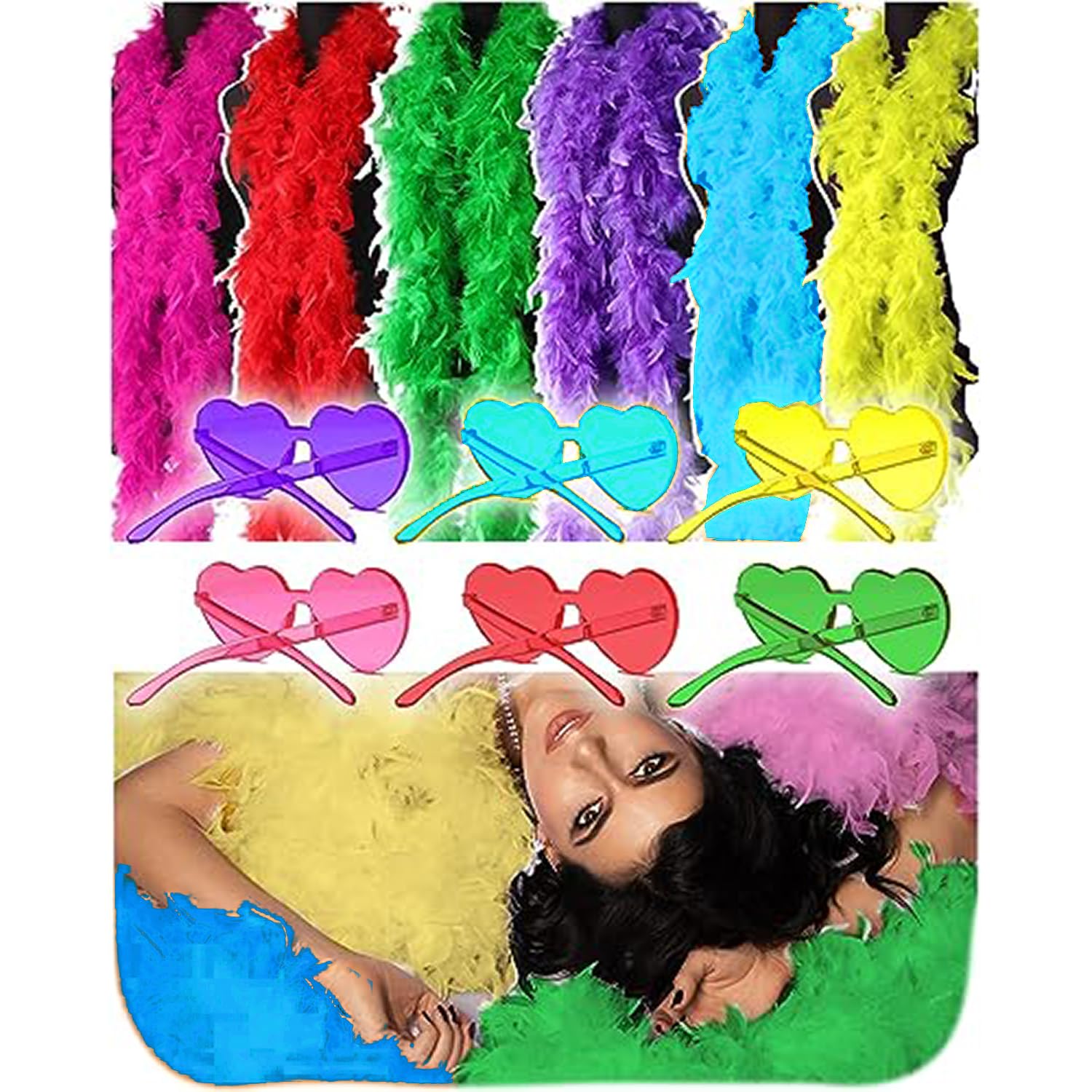 Lot de 8 boas à plumes colorées avec 8 lunettes de soleil en forme de cœur sans monture - 2 m - Pour femme - Pour danse, mariage, fête d'Halloween, Lot de 8, 6.6ft/2m