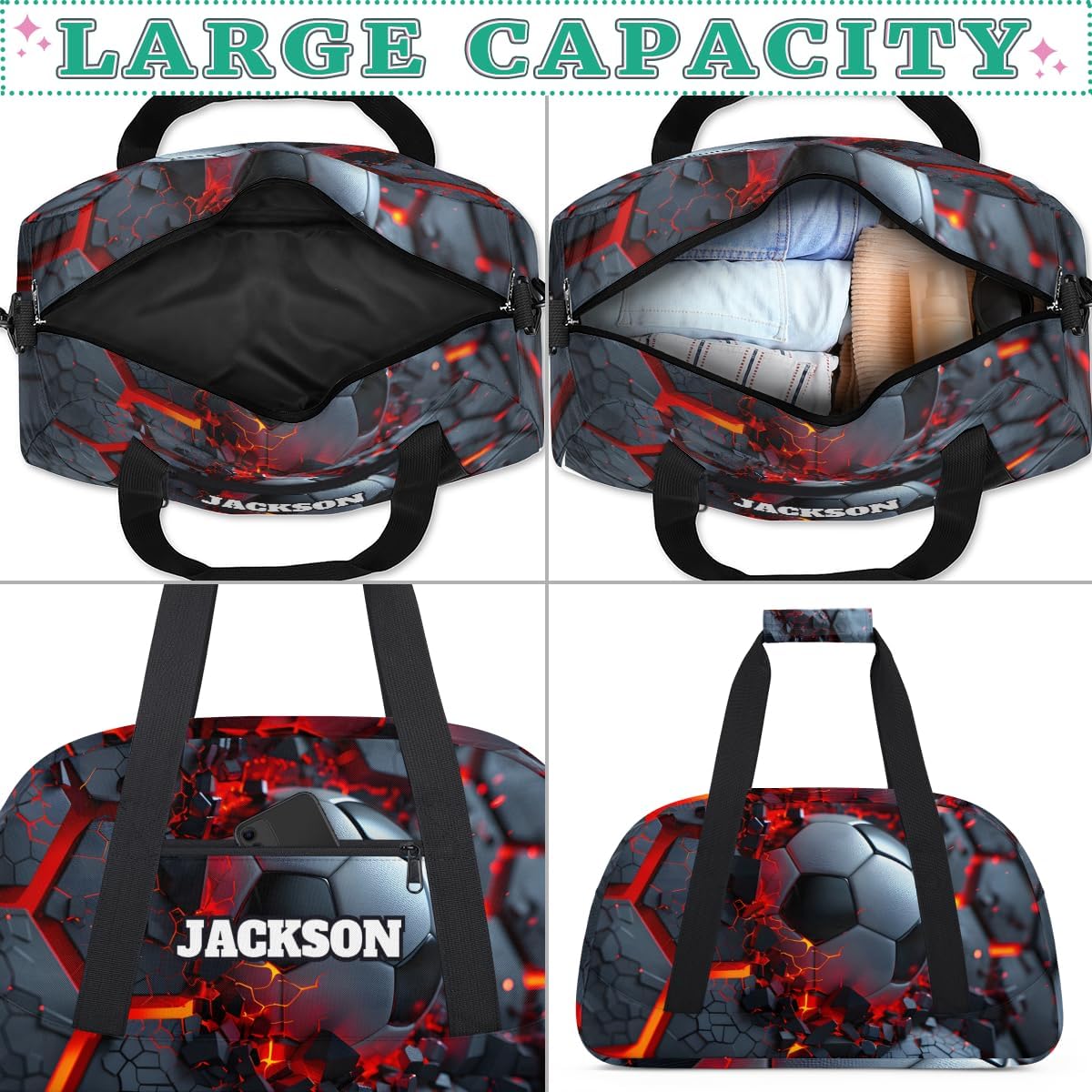 Personalized Boys Soccer Gym Bags for Kids, Custom Name Sport Bags for Training Travel Overnight Weekender, Dark Red