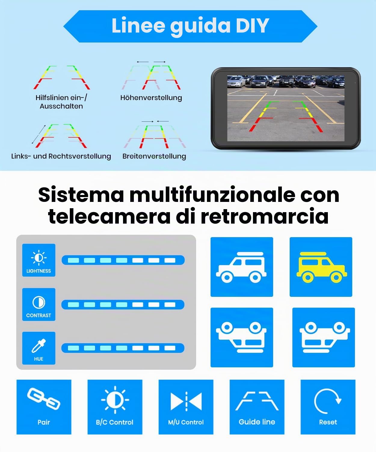 AUTO-VOX Telecamera di retromarcia wireless: monitor da 5 pollici 1080p, doppio canale, installazione in 30 minuti, trasmissione radio digitale stabile, impermeabile IP69K e visione notturna, per SUV