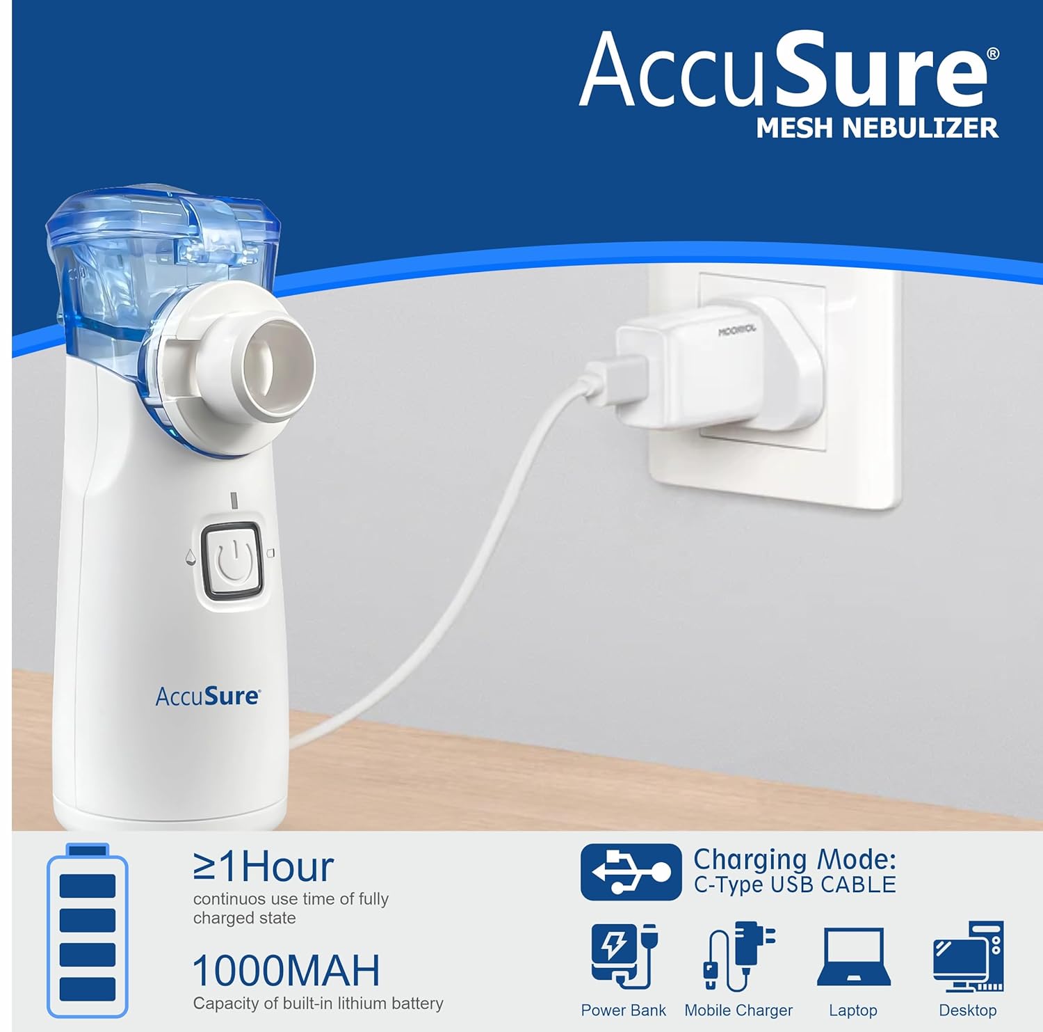 AccuSure Portable Mesh Nebuliser Machine With Box - Handheld Nebuliser Personal Inhalers For Breathing Problems For Travel, Home Daily Use AccuSure Portable Mesh Nebuliser Machine With Box - Handheld Nebuliser Personal Inhalers For Breathing Problems For Travel, Home Daily Use