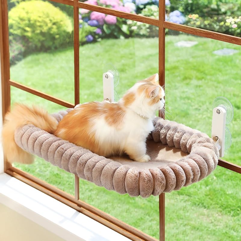 Zakkart SnugCloud Percha plegable para ventana para gatos – Cama inalámbrica, ultra suave, lavable a máquina con refuerzo de 4 lados, marco de metal – Hamaca para ventana para gatos y gatitos grandes (marrón, grande)