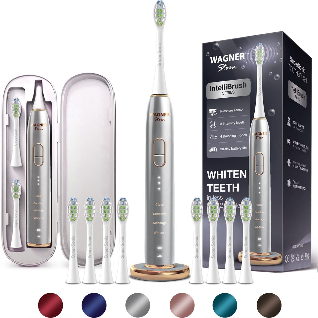 Wagner Stern IntelliBrush Series Whitening Electric Toothbrush with Pressure Sensor. Offers 4 Brushing Modes, 3 intensities, 8 Soft Brush Heads, and a Luxury Travel case. Silver Mist