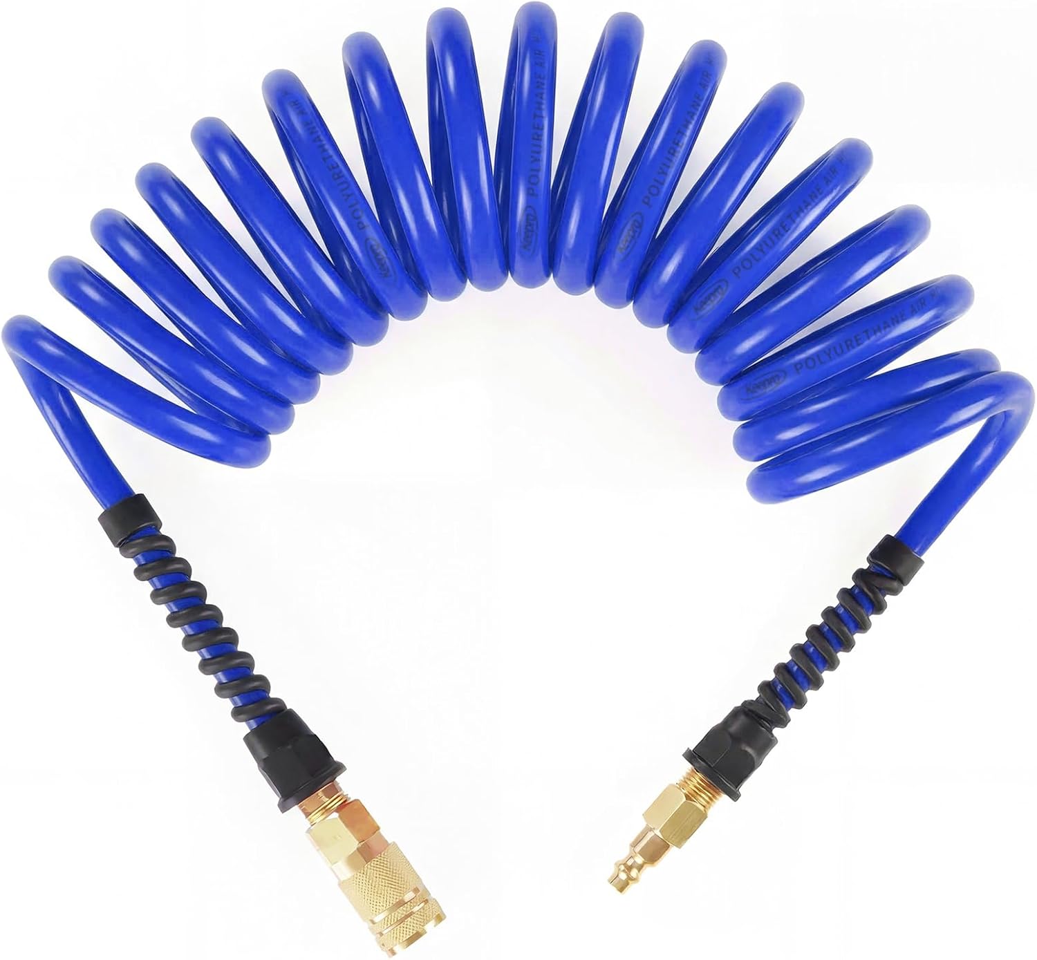 Keepro Polyurethane Recoil Air Hose, 1/4 Inch ID By 10 Feet Long Air Compressor Hose with Repairable Solid Brass 1/4" Industrial Quick Coupler and Plug, 145 PSI Maximum Pressure, Blue