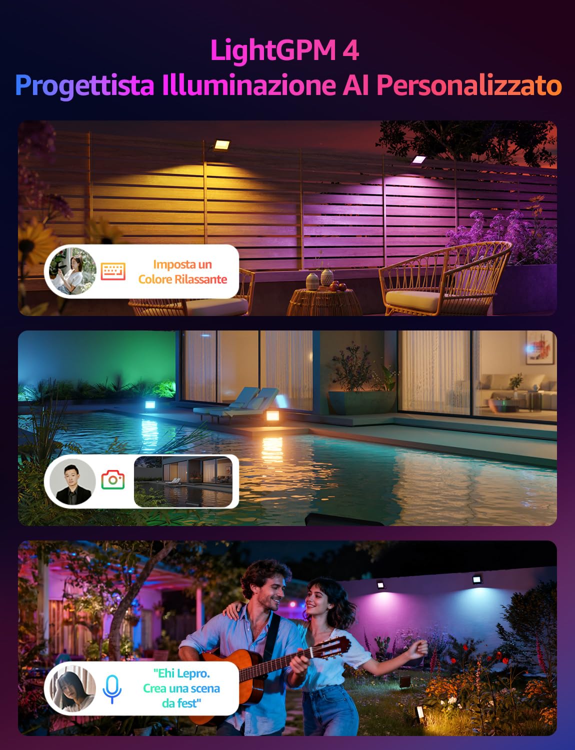 Lepro F1 AI Faretto LED da Esterno 50W, Faretto da Giardino RGB Dimmerabile