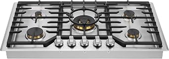 ROBAM 36 Gas Cooktop Stove with 5 Italian-Made Burners Pure Copper, 20,000 BTU, Flame Failure System, Matte Cast Iron Grates Including Wok Grate, Natural Gas Or LPG