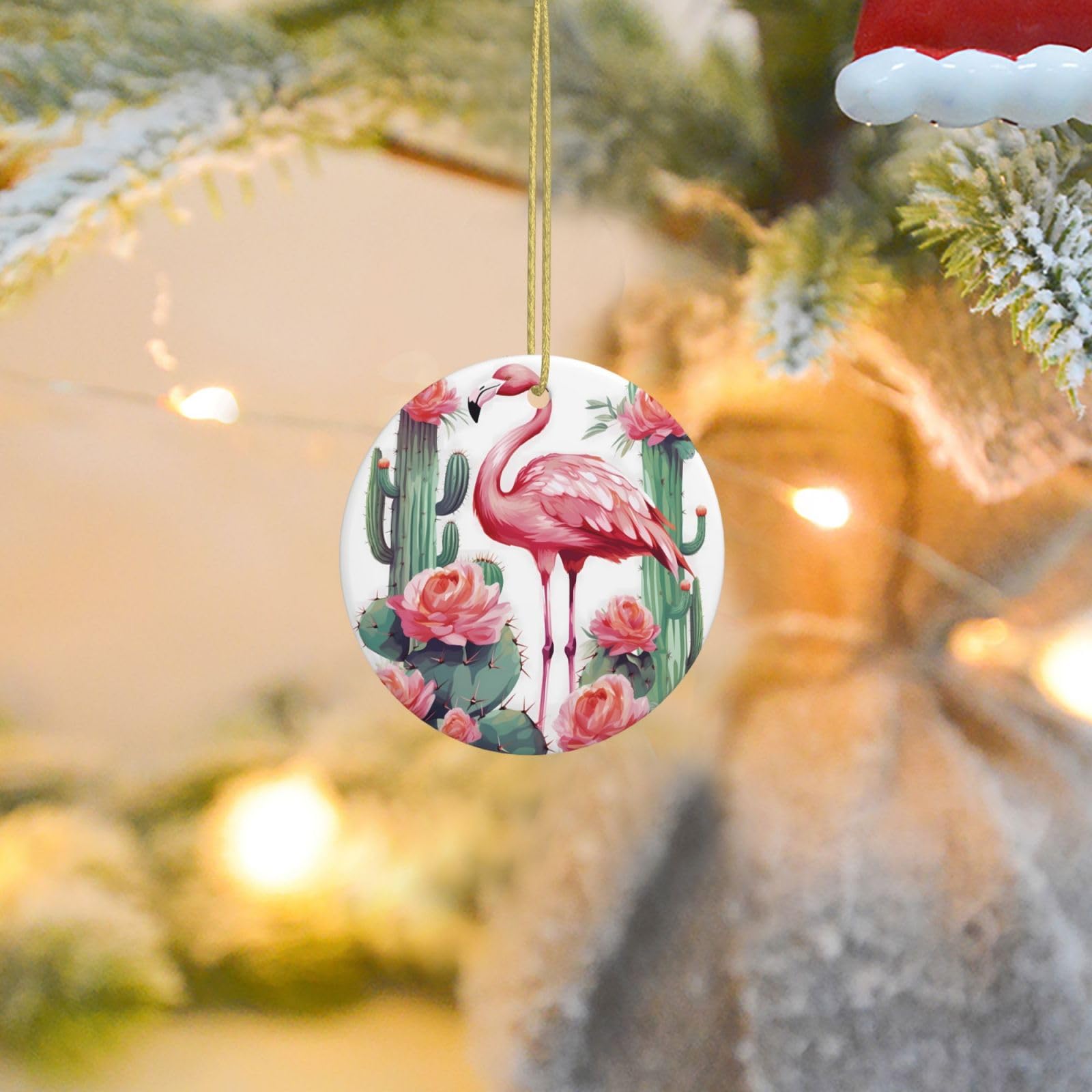 Christmas Tree Ornaments Ceramics Christmas Round Decorations Cactus Flamingo Rose Flowers Ceramics Ornaments Circle Pentagram Xmas Tree Hanging Pendant for Christmas Tree Party Holiday Home Decor