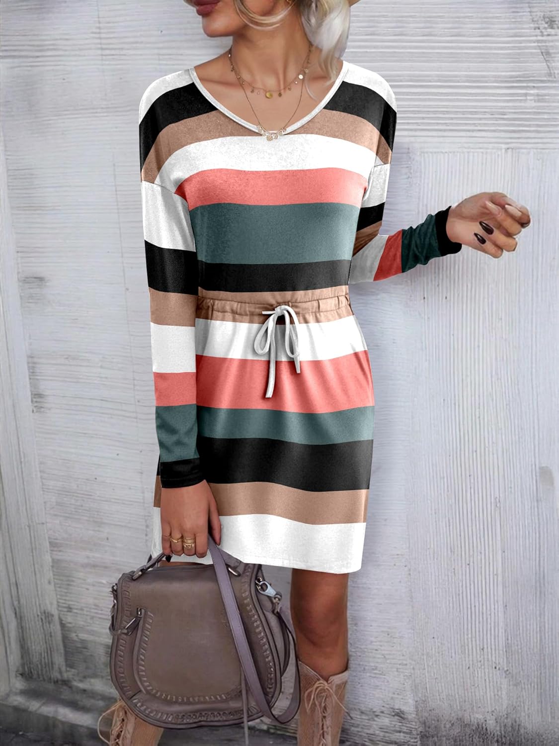 LUXVEER Women's Long Sleeve Dress V Neck Drastring Waist Casual Short Mini Dresses 2025 Trendy Fall Outfits - Image 4