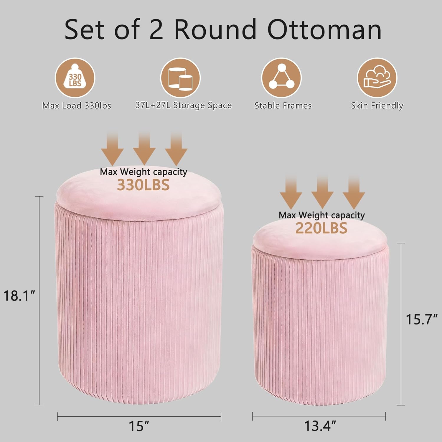 CAROLMADE Set of 2 Round Ottoman with Storage, Upholstered Vanity Stool Support 330lbs Multifunctional Coffee Table Ottoman Velvet Foot Rest Stool or Living Room Bedroom Dorm (Pink)