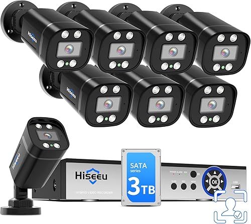 Miniatura 1 de Hiseeu Sistema de cámara de seguridad con cable 3K 8ch con audio, foco de alarma, detección de vehículos AI/humanos, disco duro de 3 TB, sistema