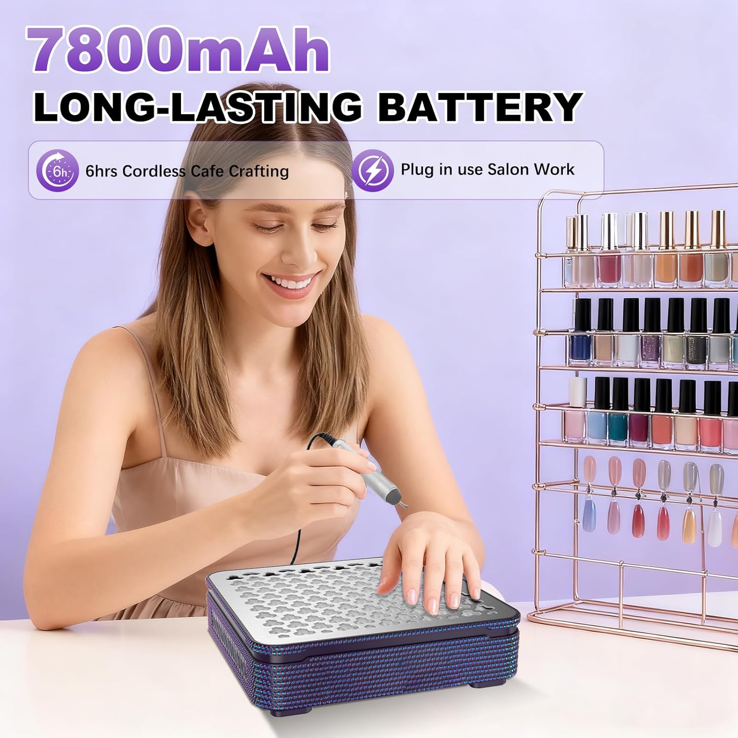 Nail Dust Collector | 1000PA Nail Fan Dust Collector | 10 Speed Levels | Low Noise & Strong Suction | Reusable Filter, 10 Pads + Nail Dust Brush | for Acrylic Nails, Salon & Home -Purple Diamond