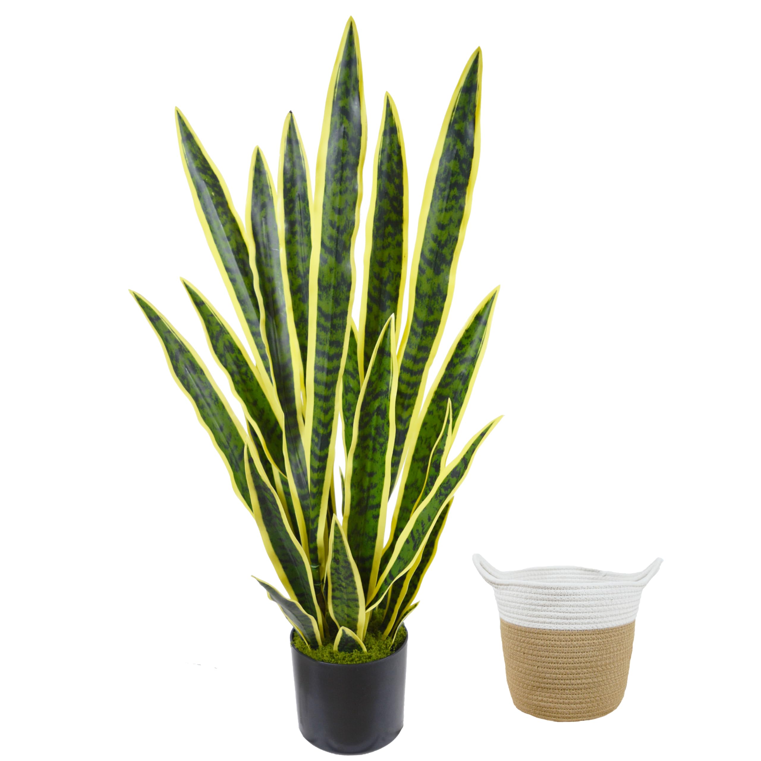 Warmplants Artificial Snake Plant, 3ft Fake Sansevieria with Basket, 35