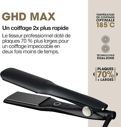 ghd - Lisseur cheveux ghd max - Fer à lisser professionnel (Noir) - Plaques larges - Lissage 2x plus rapide, sans chaleur extrême, cheveux 80% plus brillants - Idéal cheveux longs, épais et/ou bouclés - 3