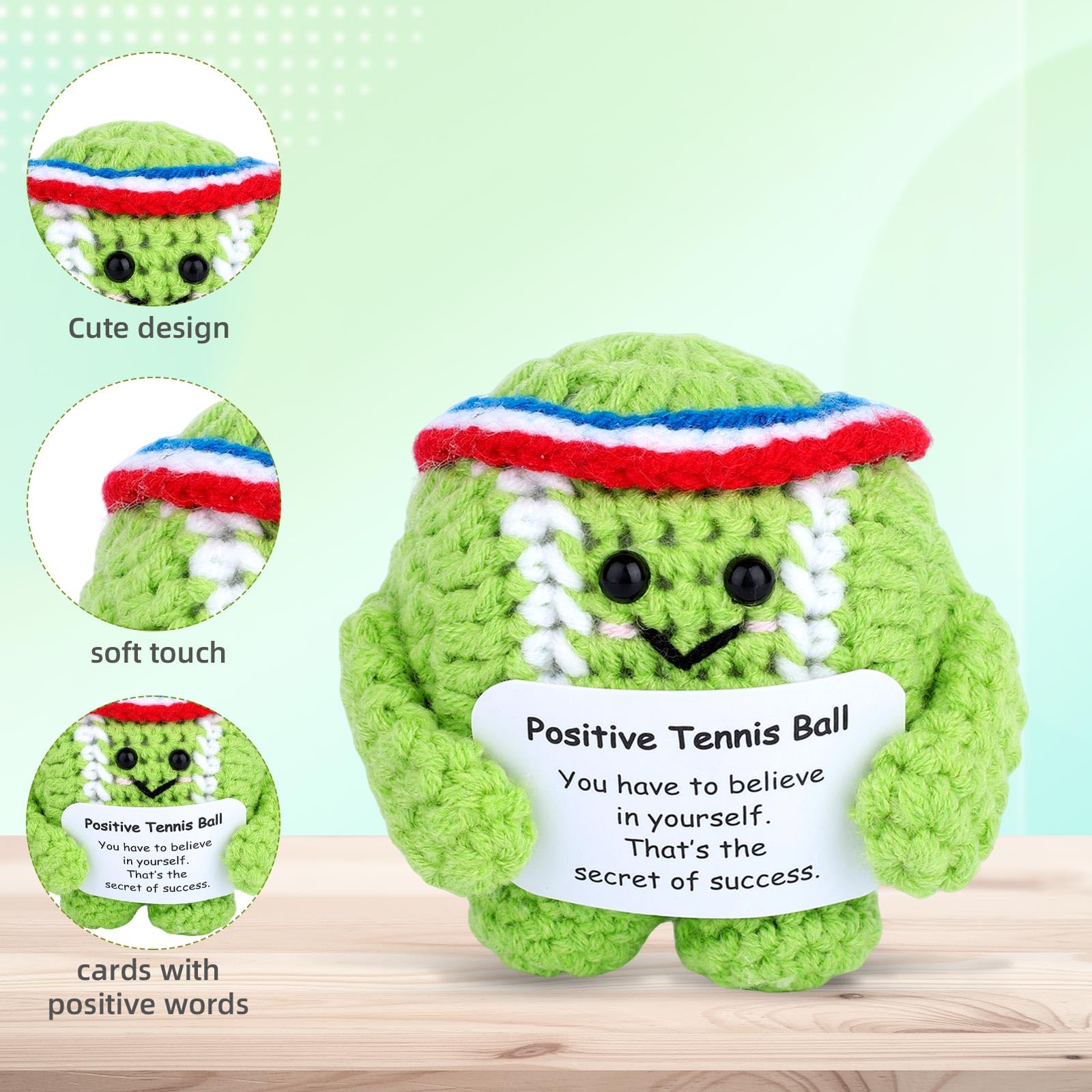 TOYMIS 2pz Palline Tennis Positivo, Peluche Supporto Emotivo e Motivazionale con Carta Positiva Giocattoli Tennis Lavorati a Maglia Regali Allegria Amanti Dello Sport e Decorazioni per Feste Tavolo