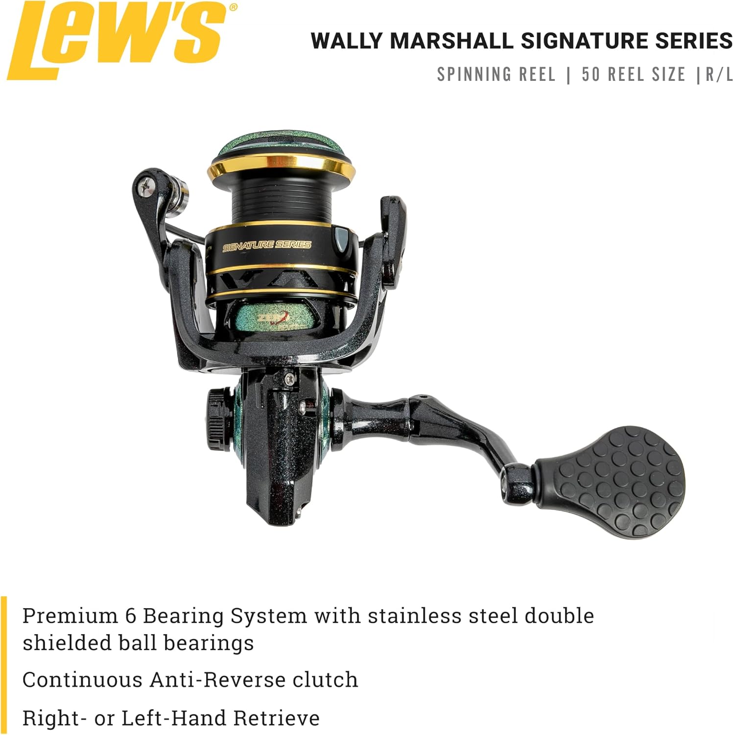 Lew’s Wally Marshall Signature Series Spinning Fishing Reel, 5+1 Bearings, Graphite Frame and Rotor, Interchangeable Retrieve, Green/Gold