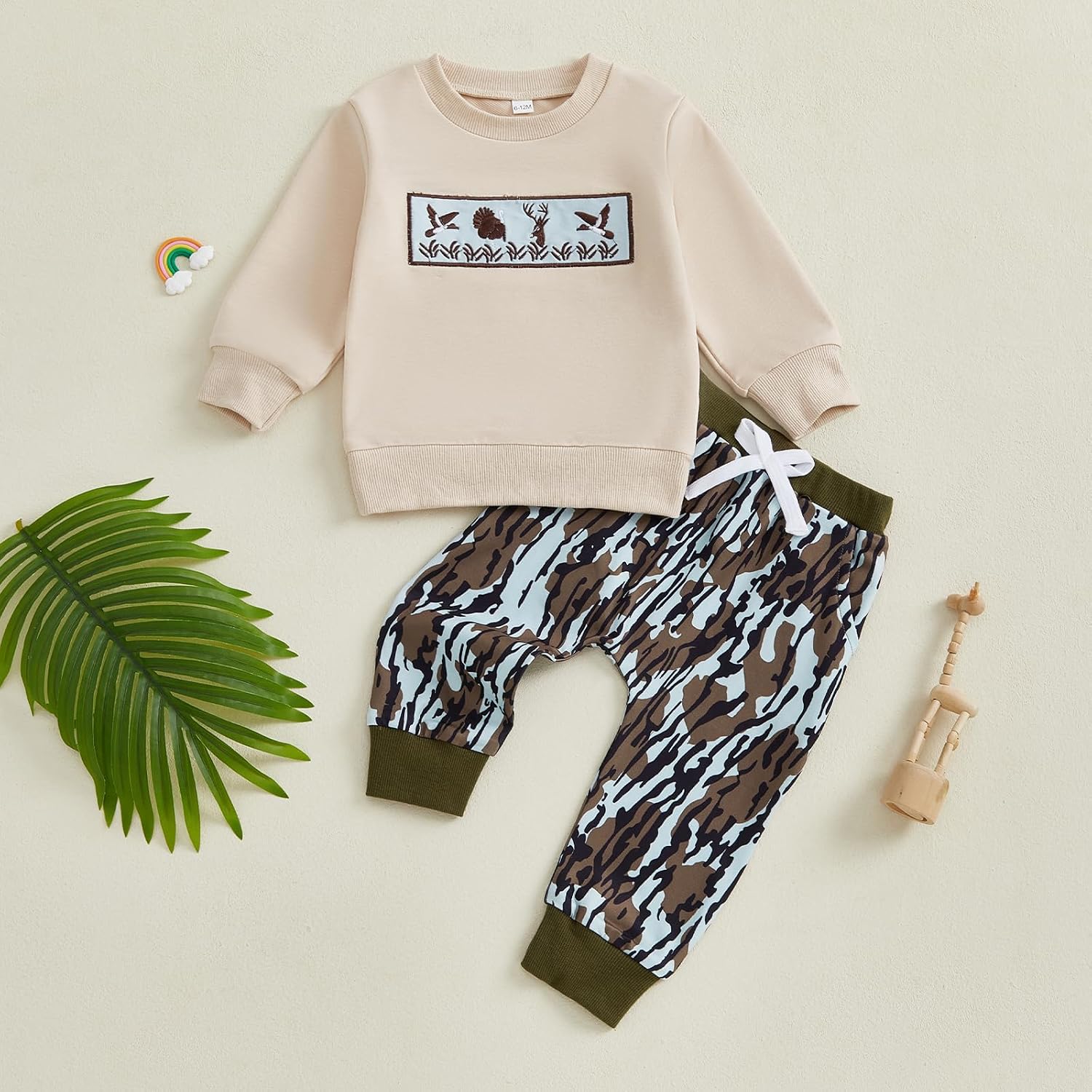 Toddler Baby Boy Hunting Outfit Duck Deer Embroidery Long Sleeve Sweatshirt Camo Pants Set 2Pcs Fall Winter Clothes