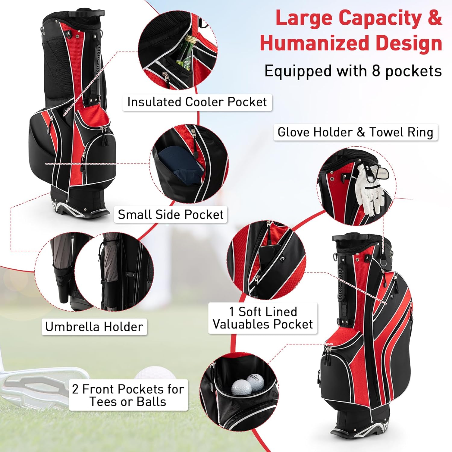 Goplus Golf Stand Bag, Lightweight Golf Club Bag with 6 Way Top Dividers, 8 Pockets, Cooler Bag, Rain Hood, Dual Shoulder Strap, Umbrella Holder, Portable Golf Bag with Stand for Women Men