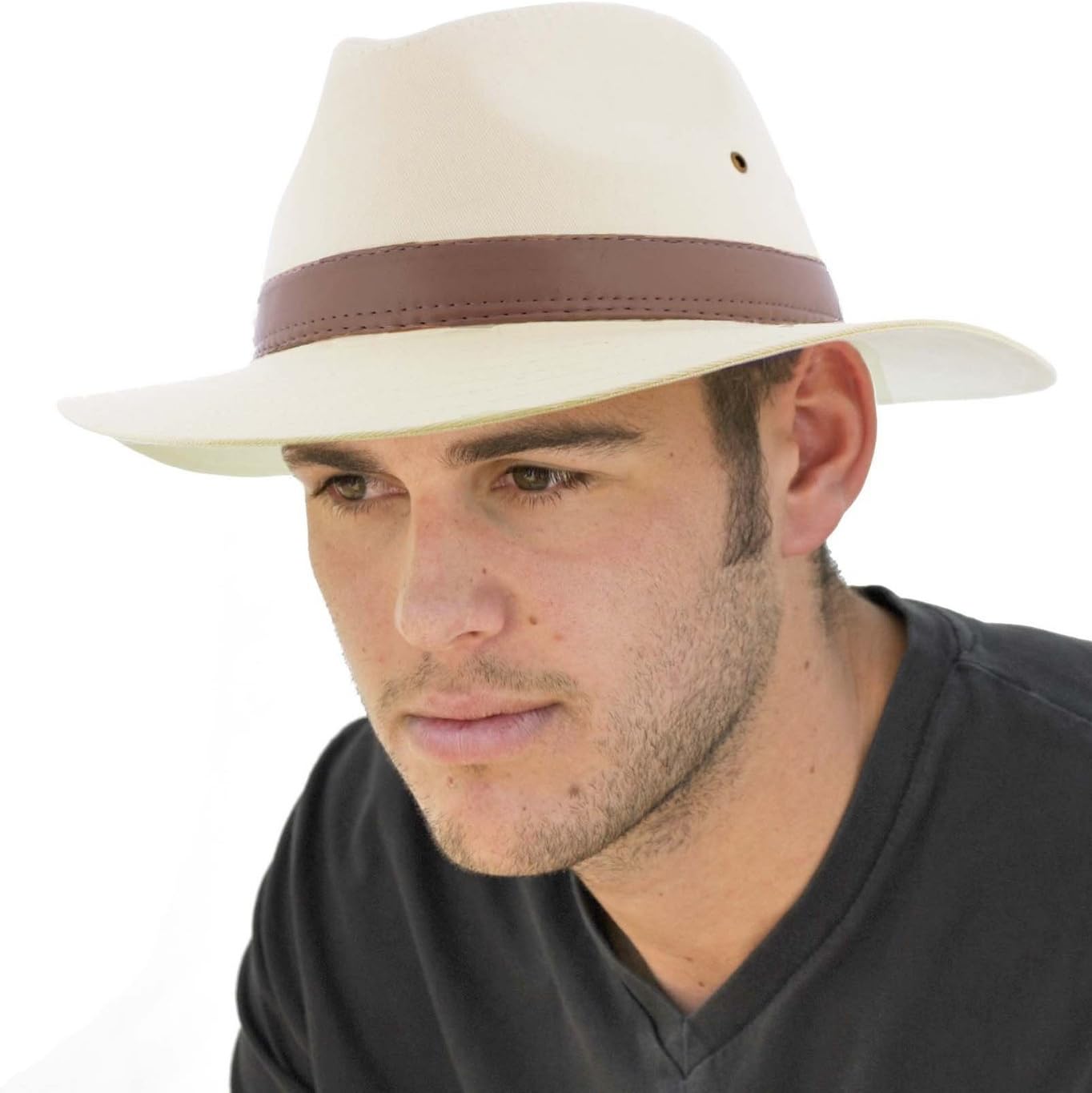 Stylish Men's Cotton Fedora with Brown Faux Leather Band, Natural, 57cm