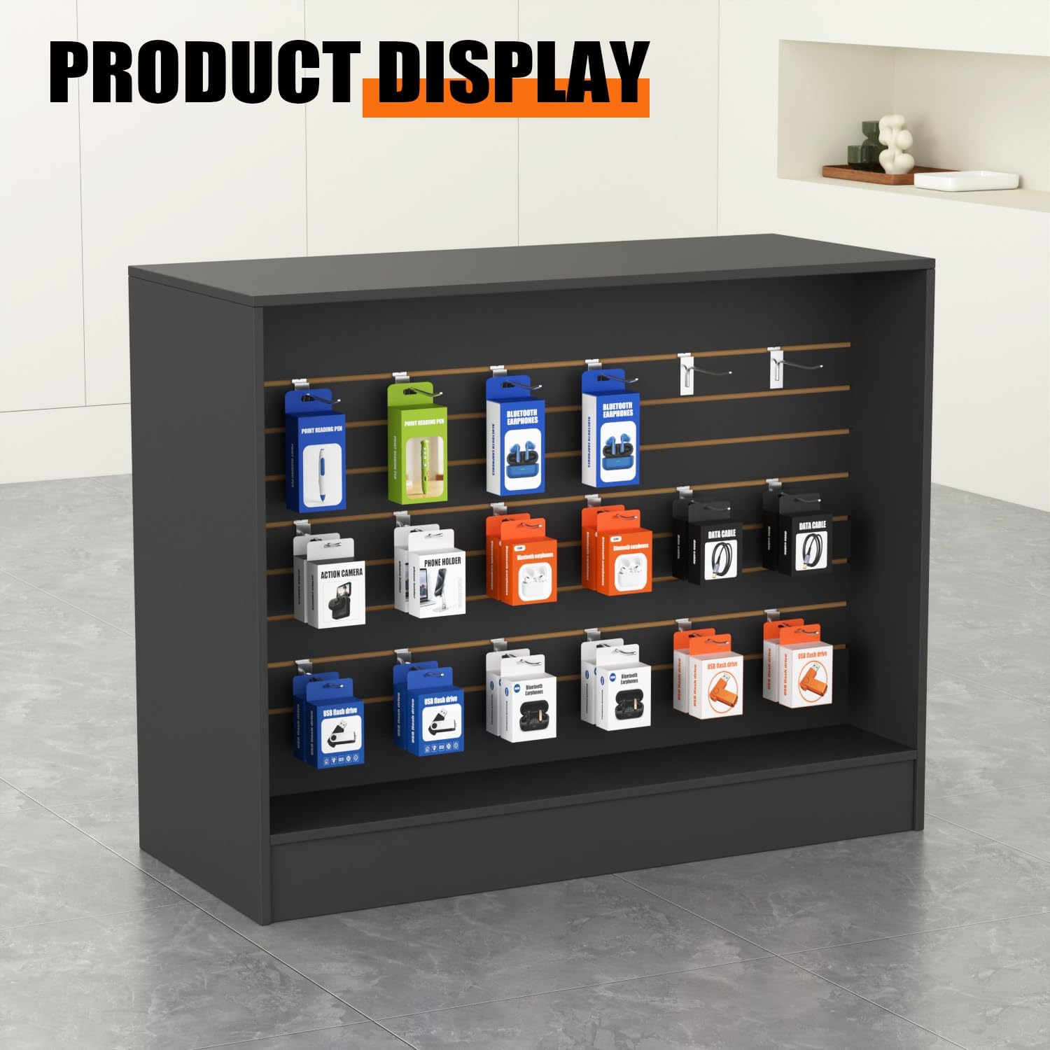 48" W * 20" D * 38" H - Black Retail Counter, Wood Retail Cashier Counter, Cashier Counter with Slatwall