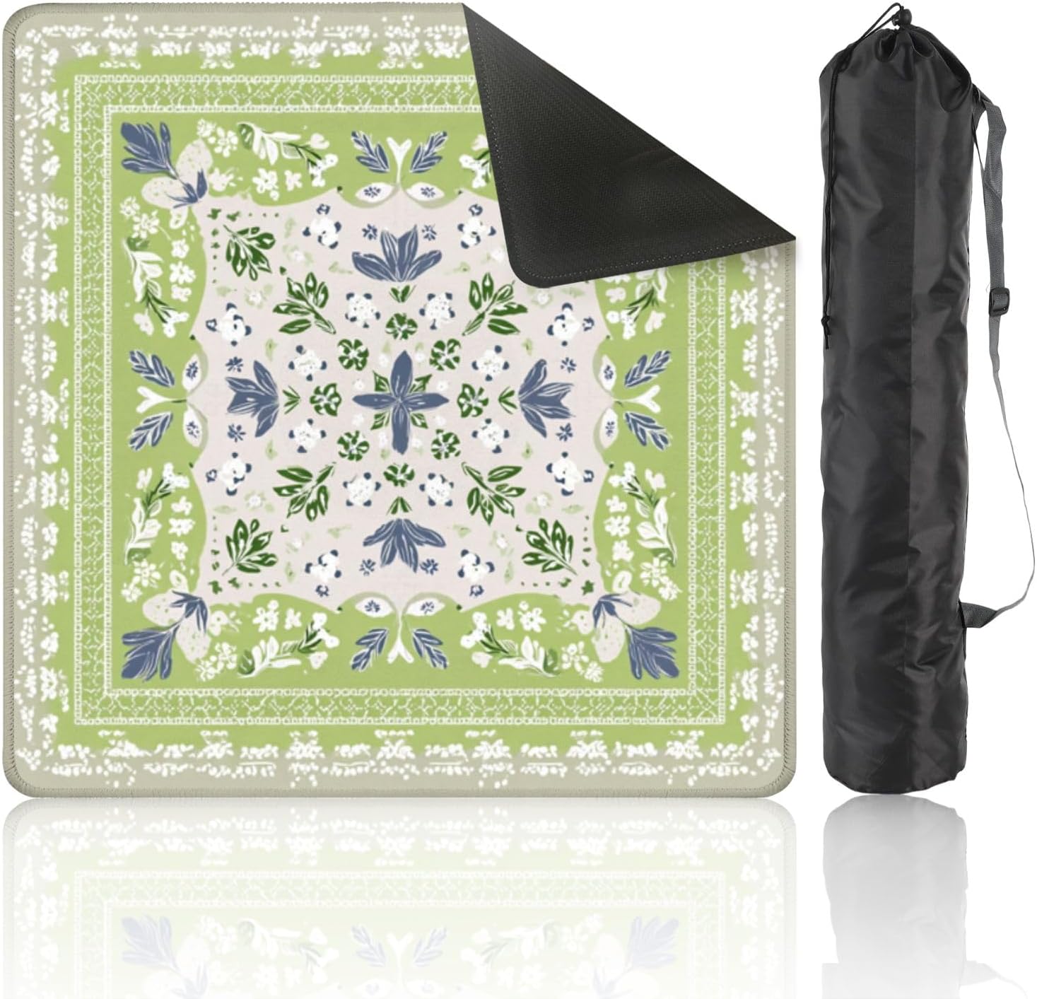 Mahjong Mat 31.5" x 31.5" Floral Botanical Green Leaves Blue Petals Vintage Bandana Style Non-Slip Noise Reduction Mahjong Tiles Table Cover for Dominoes Poker Card Board and Tile Games