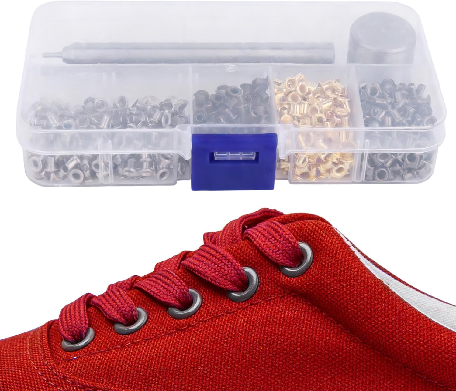 2mm/0.08in Metal Grommet Kit 800pcs with 3pcs Install Tool & Storage Box, Mini Copper Eyelets for Shoes Bags Clothing Leather Crafts DIY Repair and Decoration Projects