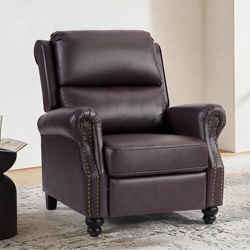 CANMOV Pushback Recliner Chair Faux Leather Armchair Push Back Recliner with Rivet Decoration Single Sofa Accent Chair for Living Room, Dark Brown
