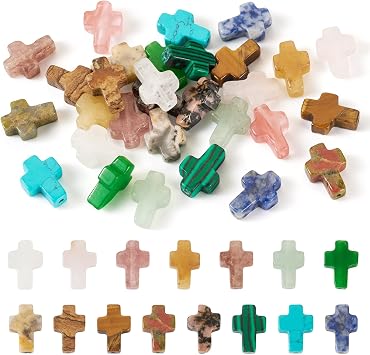30 Pcs Gemstone Cross Beads Small Crosses Crystal Stone Bead Turquoise Cross Beads Small Crucifix Charms for Easter Holiday Bracelet Necklace Jewelry Making