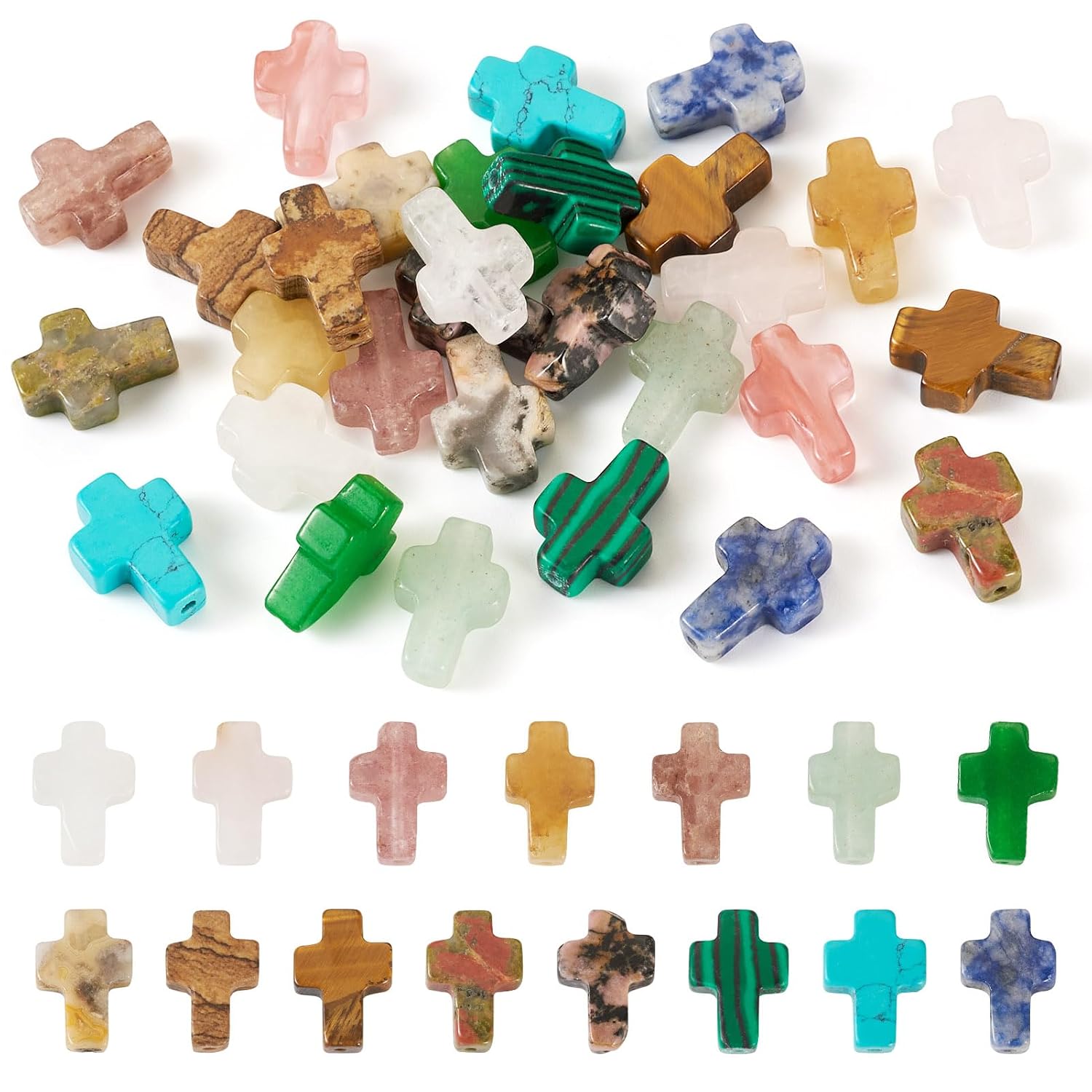 30 Pcs Cross Gemstone Beads Crucifix Tiger Eye Rose Quartz Bead 13.5 mm Colorful Green Aventurine Spacer Beads Bulk for Easter Jewelry DIY Earring Women Necklace Bracelet Accessory