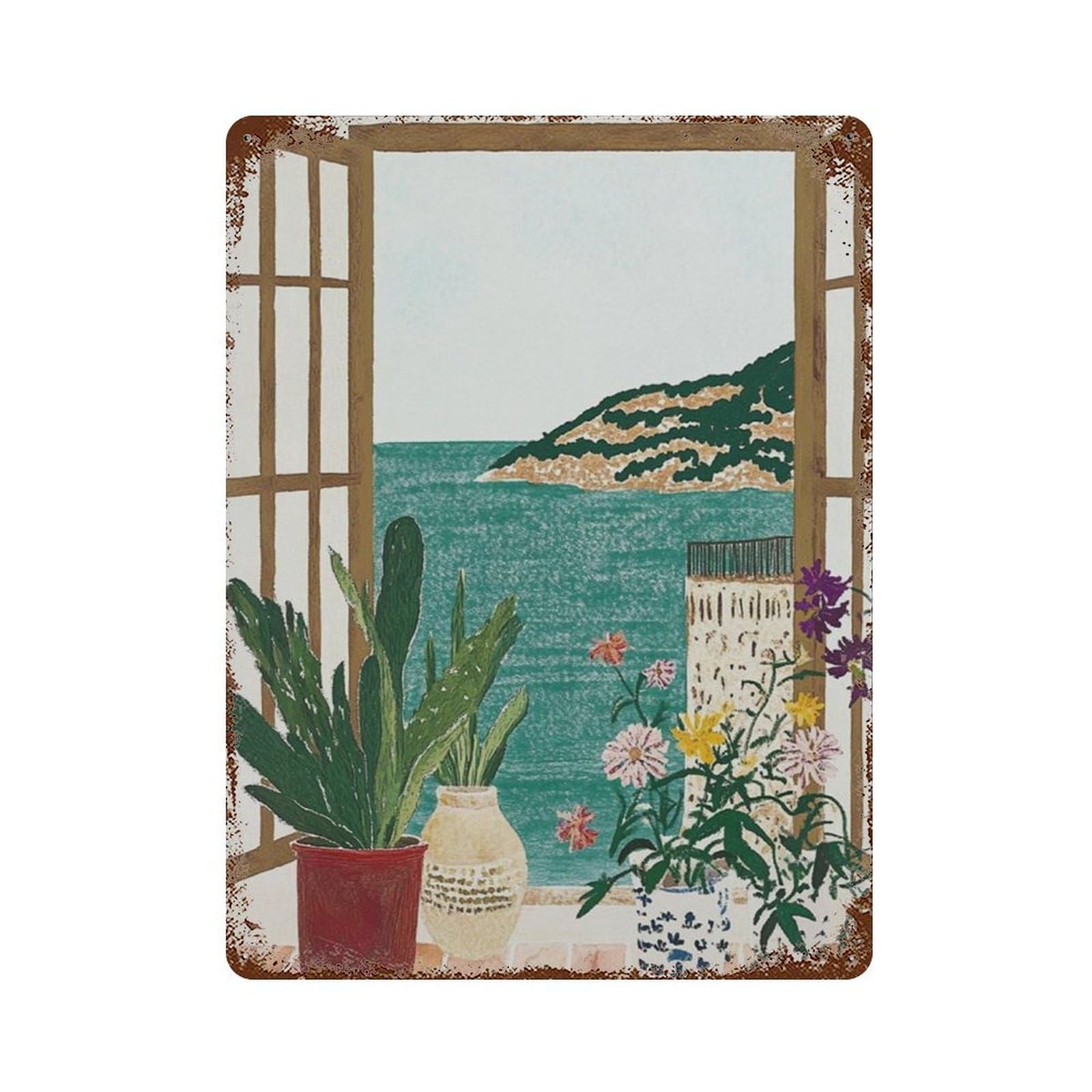 xiaoxiaoshen Coastal Window View Mediterranean Sea Scenic Travel Wall Decor Art Metal Tin Poster Modern Home Decor Art Home Bar Shop Decorations Vintage Sign 40x30cm